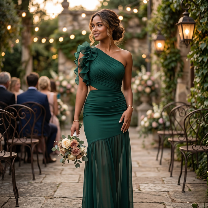 Emerald Embrace One-Shoulder Ruffle Bridesmaid Maxi Dress with Cutout