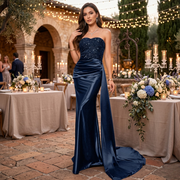 Gilded Garden Navy Sequin Strapless Bridesmaid Gown  —  Black Tie Destination Edition
