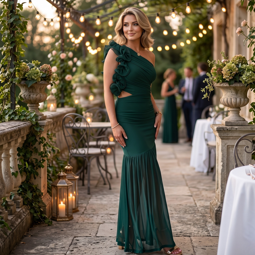 Emerald Embrace One-Shoulder Ruffle Bridesmaid Maxi Dress with Cutout