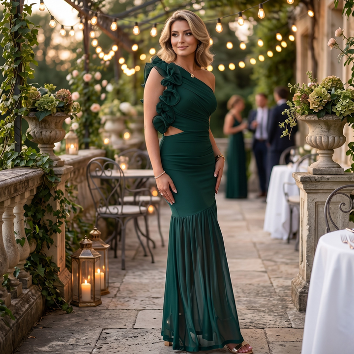 Emerald Embrace One-Shoulder Ruffle Bridesmaid Maxi Dress with Cutout
