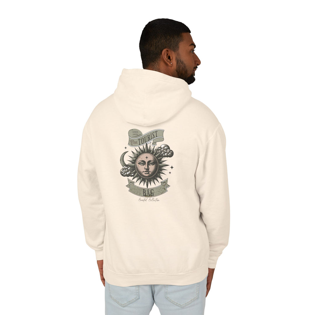 Tides of the Sun & Sea Hoodie – Coastal Celestial Emblem, Unisex Lightweight Hooded Sweatshirt (Ivory)