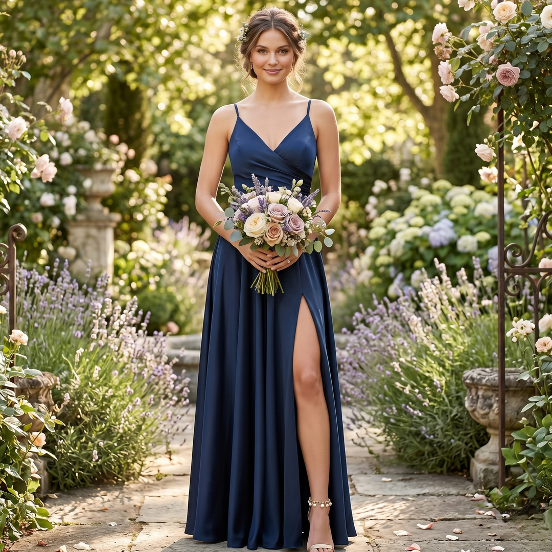 Gilded Garden Navy Slit Bridesmaid Dress  —  Effortless Destination Elegance