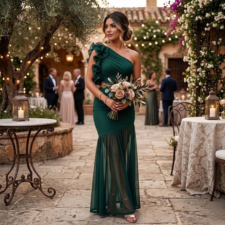 Emerald Embrace One-Shoulder Ruffle Bridesmaid Maxi Dress with Cutout