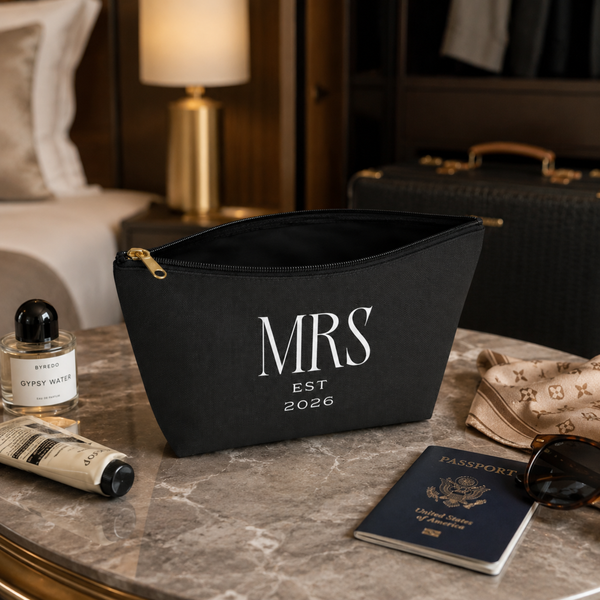 Midnight Union Bridal Pouch  —  Mrs Est 2026 Travel Makeup Bag & Accessory Pouch w T-bottom