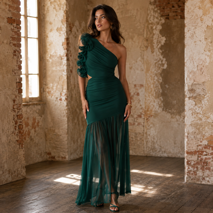 Emerald Embrace One-Shoulder Ruffle Maxi Dress with Cutout