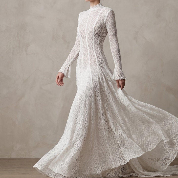 Pearl Union Alpine Noir Long Sleeve Mountain Bridal Gown- Lace Mock Neck Long Sleeve Maxi Dress