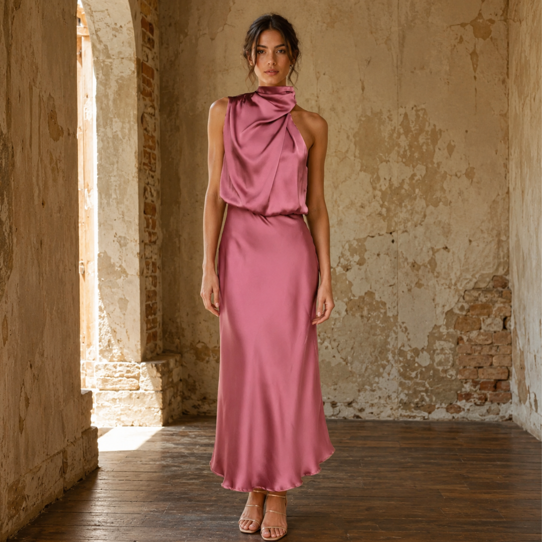 Rose Dusk Reverie Asymmetrical Satin Maxi Dress