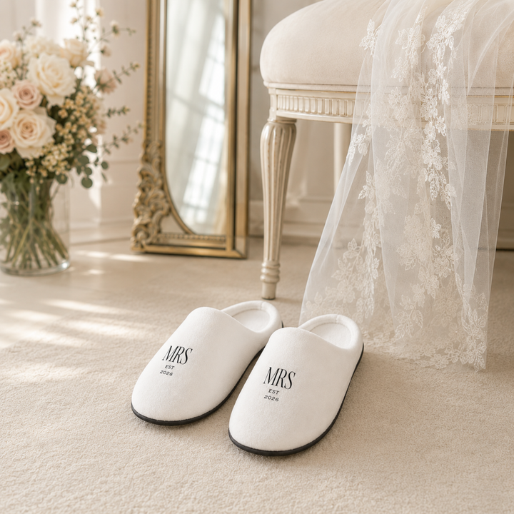 Pearl Union Bridal Slippers  —  Mrs Est. 2026 Getting Ready Shoes for Wedding Morning