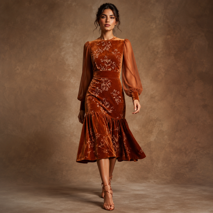 Copper Keepsake Velvet Floral Midi Dress
