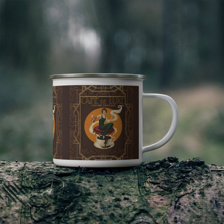 Café de Luxe Enamel Camping Mug | Vintage Art Deco Coffee Cup