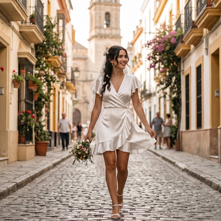 Pearl Union Bridal Satin Tea Dress  —  Romantic White Wrap Dress for Bridal Events & Honeymoon