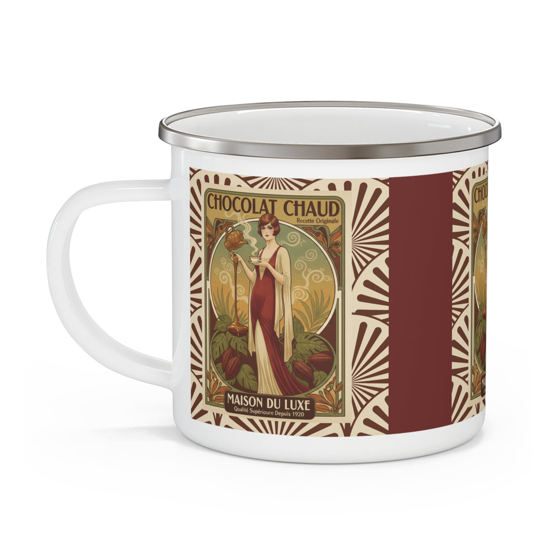 Chocolat Chaud Élégance Enamel Camping Mug | Vintage French Hot Chocolate Art Cup
