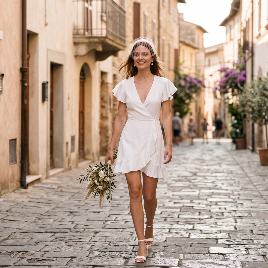 Pearl Union Bridal Satin Tea Dress  —  Romantic White Wrap Dress for Bridal Events & Honeymoon