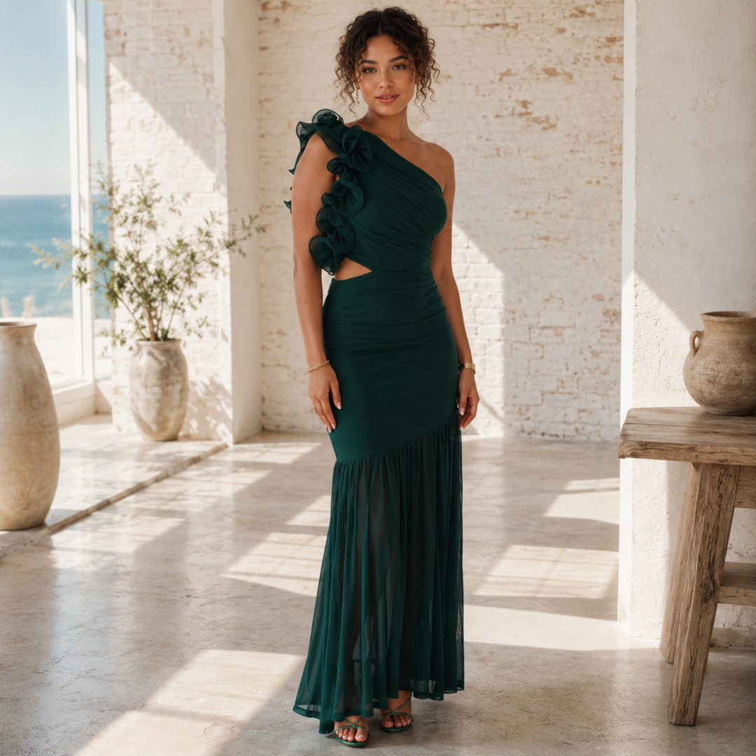 Emerald Embrace One-Shoulder Ruffle Maxi Dress with Cutout