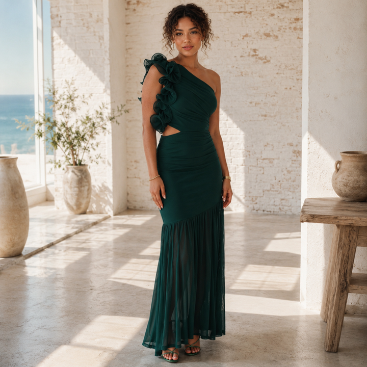 Emerald Embrace One-Shoulder Ruffle Maxi Dress with Cutout