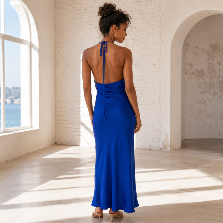 Sapphire Vows Halter Drape Gown
