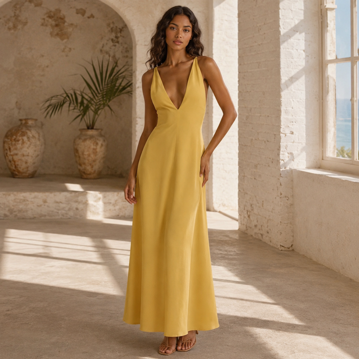 Gilded Soleil Crisscross Back Maxi Dress