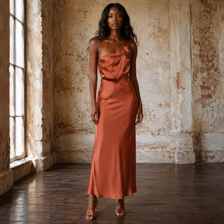 Copper Keepsake - One Shoulder Sleeveless Maxi Dress