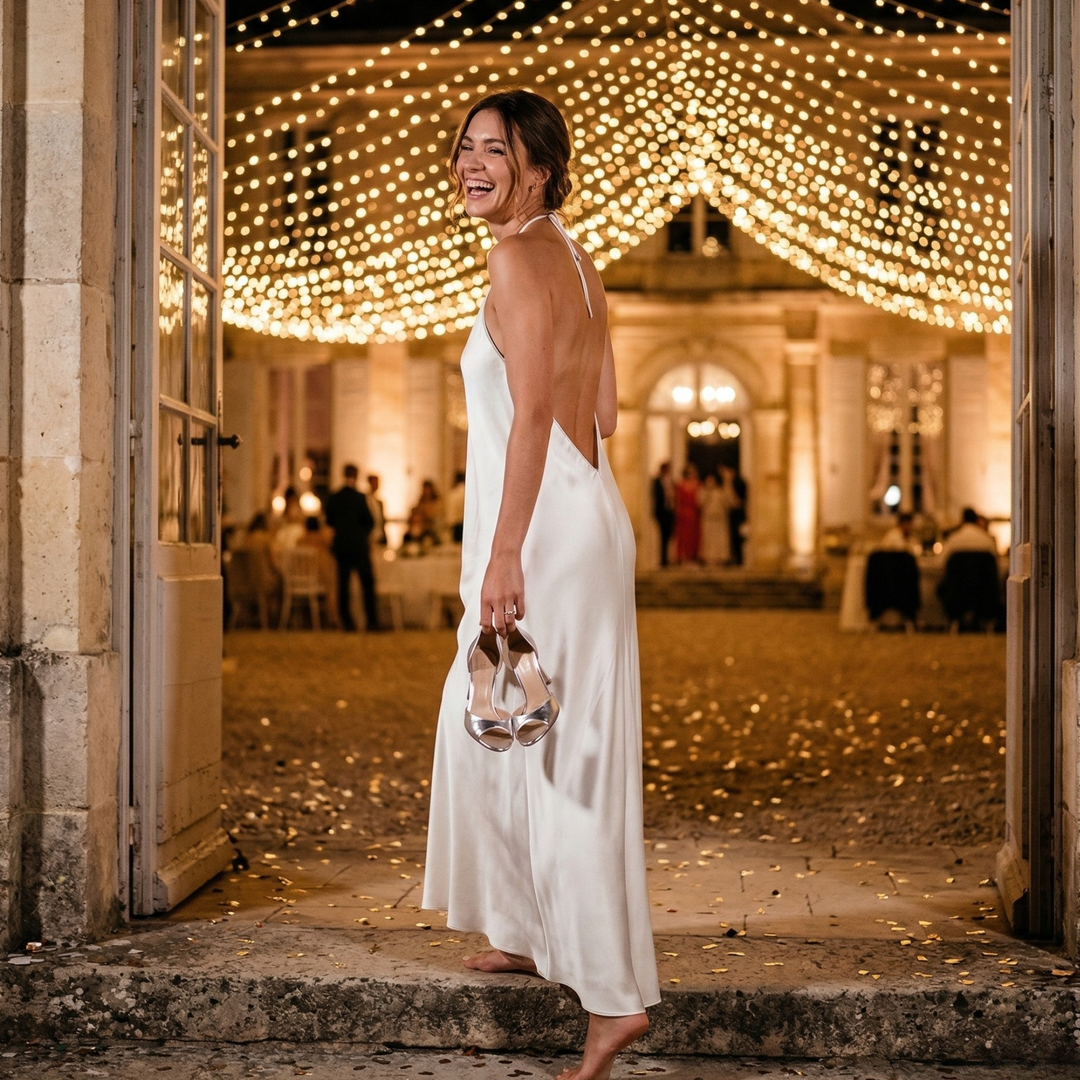 Pearl Union White Satin Halter Dress  —  Backless Bridal Slip Dress for Wedding Morning & Honeymoon