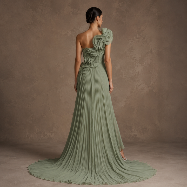 Sage Reverie Rosette Chiffon Evening Gown