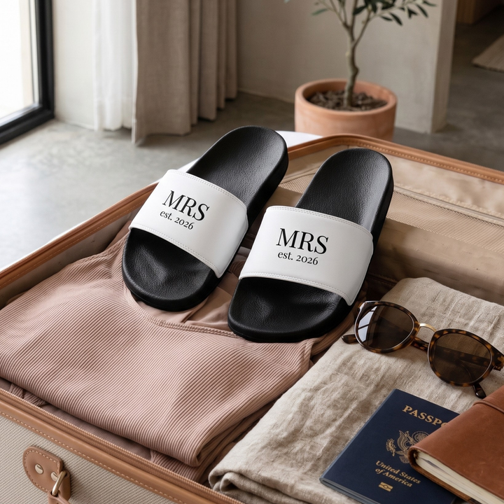 Pearl Union Bridal Slides  —  Mrs Est. 2026 Pool & Beach Sandals for Honeymoon & Travel