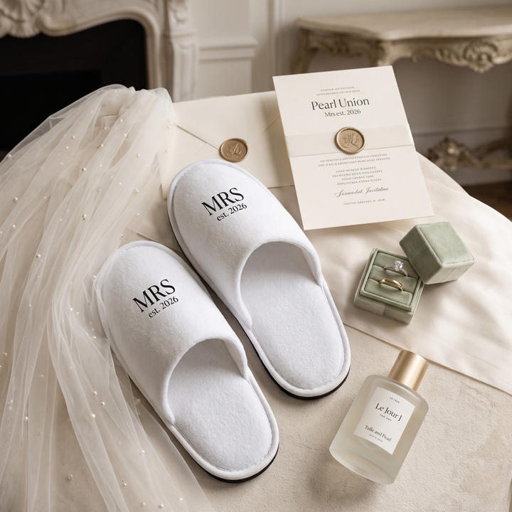 Pearl Union Bridal Slippers  —  Mrs Est. 2026 Getting Ready Shoes for Wedding Morning