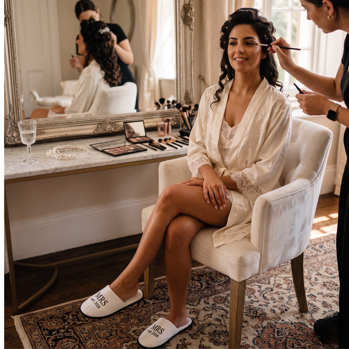 Pearl Union Bridal Slippers  —  Mrs Est. 2026 Getting Ready Shoes for Wedding Morning