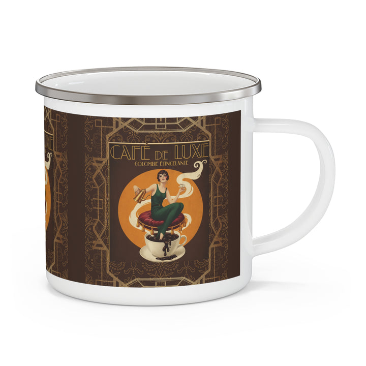 Café de Luxe Enamel Camping Mug | Vintage Art Deco Coffee Cup
