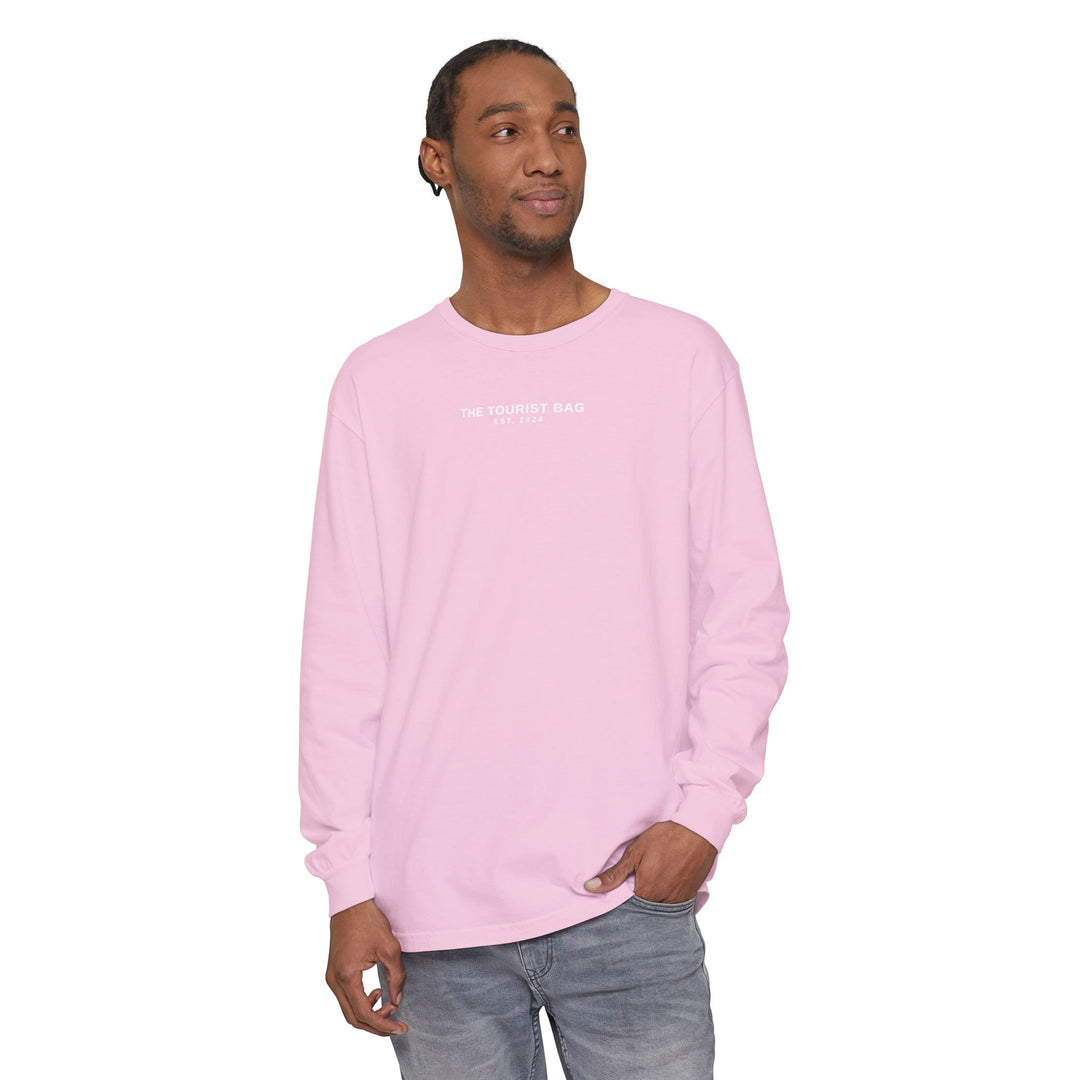 Blush Tides Flamingo Emblem, Unisex Garment-dyed Long Sleeve T-Shirt (Pink)
