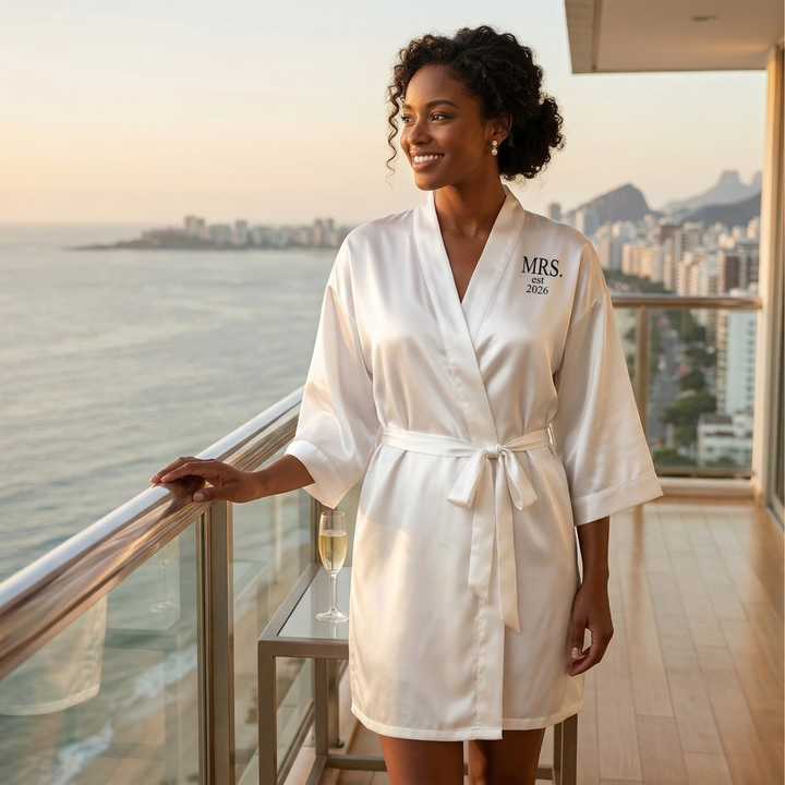 Pearl Union Mrs Est. 2026 Bridal Satin Robe  —  White Wedding Getting Ready Robe