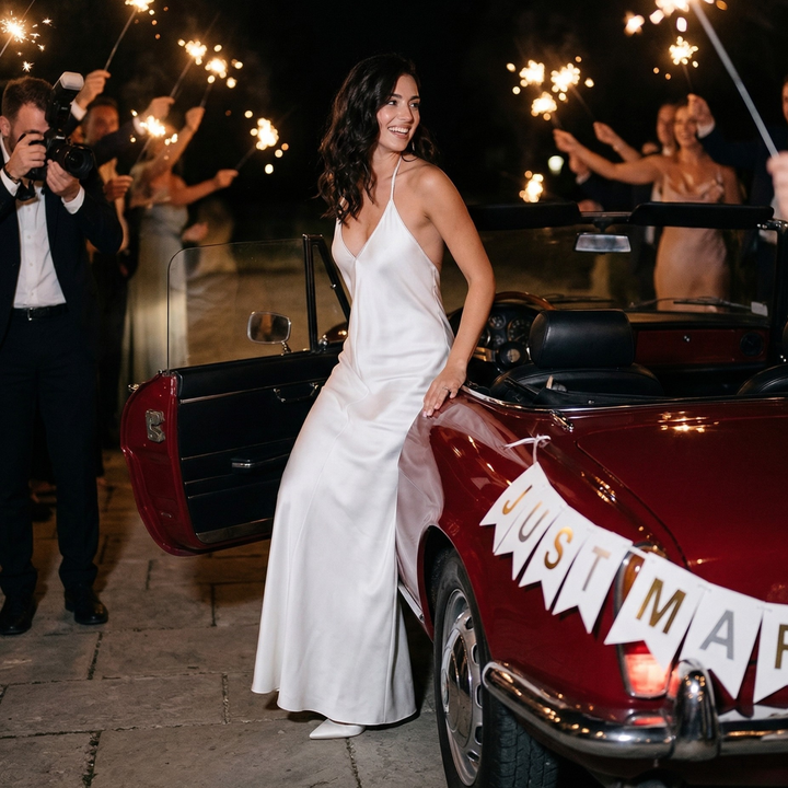 Pearl Union White Satin Halter Dress  —  Backless Bridal Slip Dress for Wedding Morning & Honeymoon