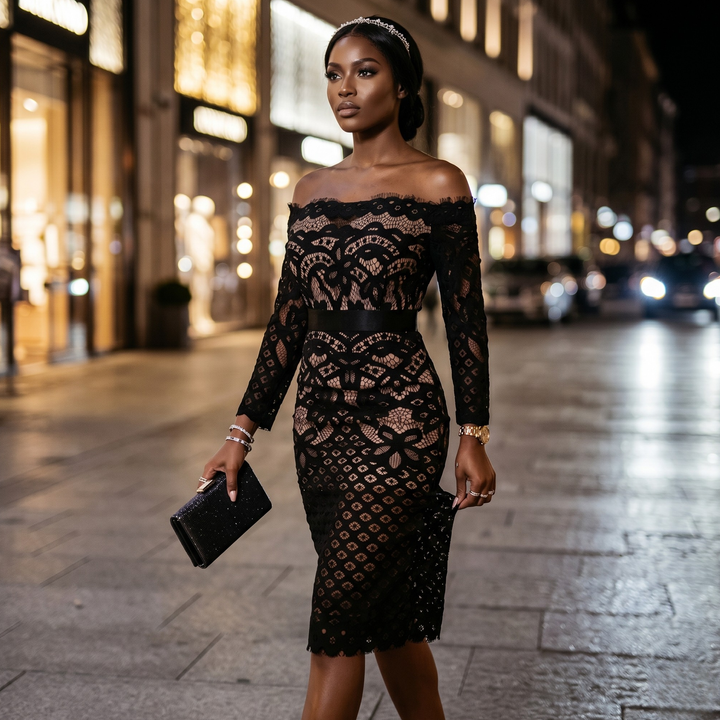 Midnight Union Noir Lace Off-Shoulder Dress Sheer Black Bridal Reception & Evening Dress