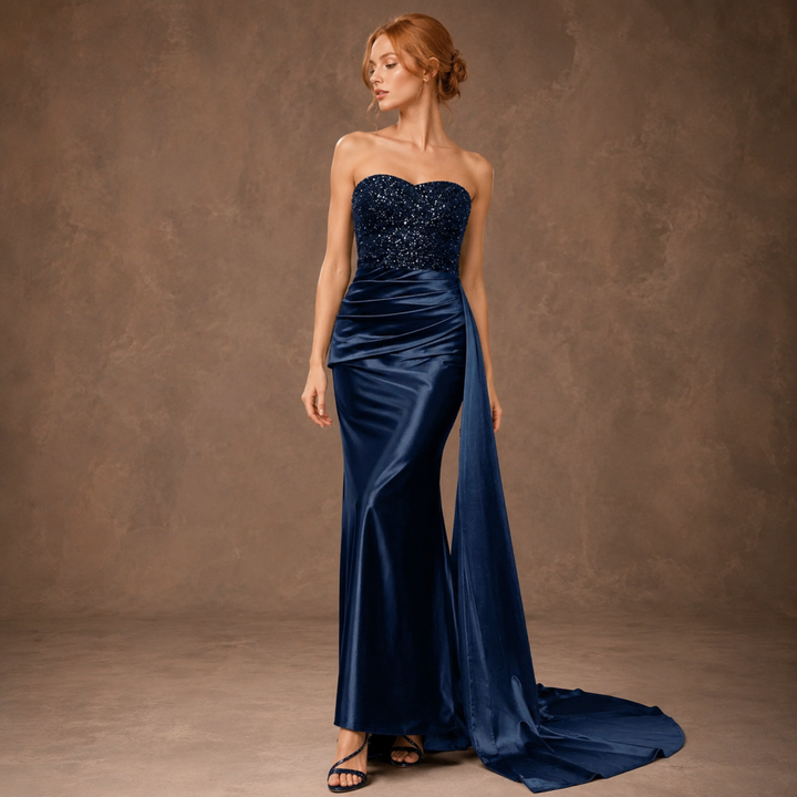 Gilded Garden Navy Sequin Strapless Gown