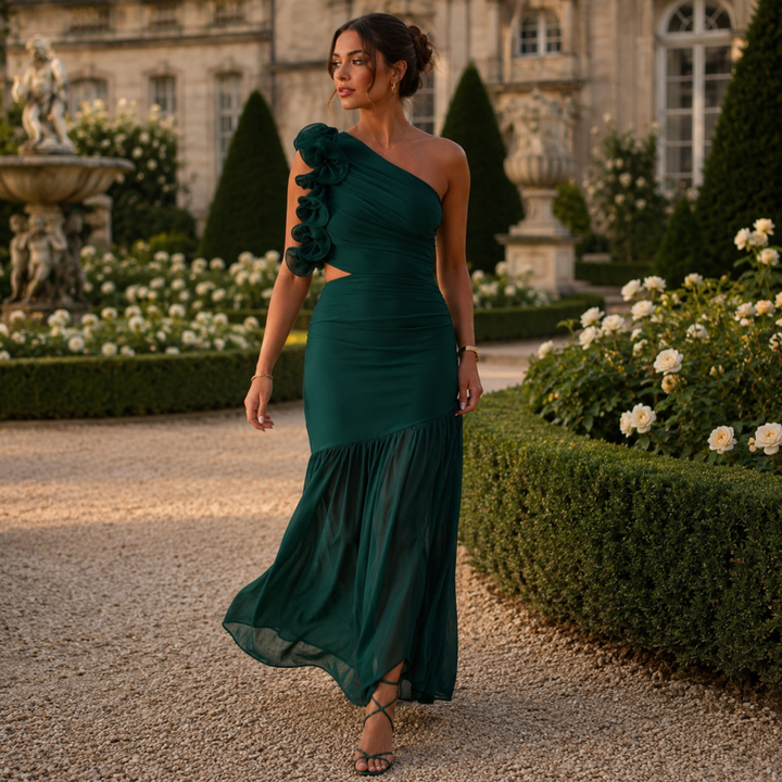 Emerald Embrace One-Shoulder Ruffle Maxi Dress with Cutout