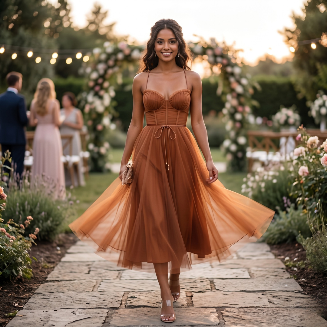 Copper Keepsake Crisscross Tulle Midi Bridesmaid Dress  —  Burnt Orange Destination Wedding Gown
