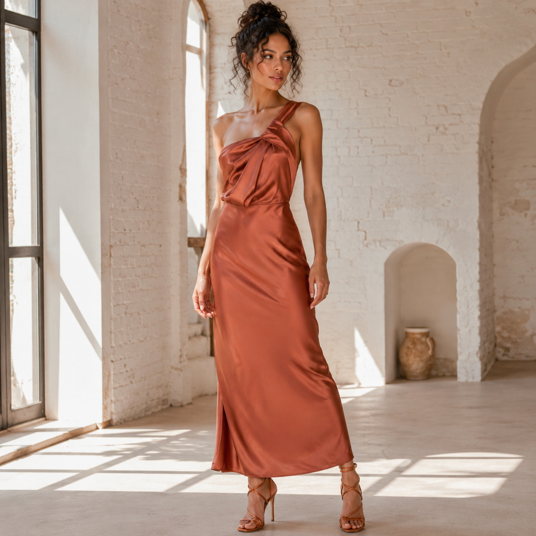 Copper Keepsake - One Shoulder Sleeveless Maxi Dress
