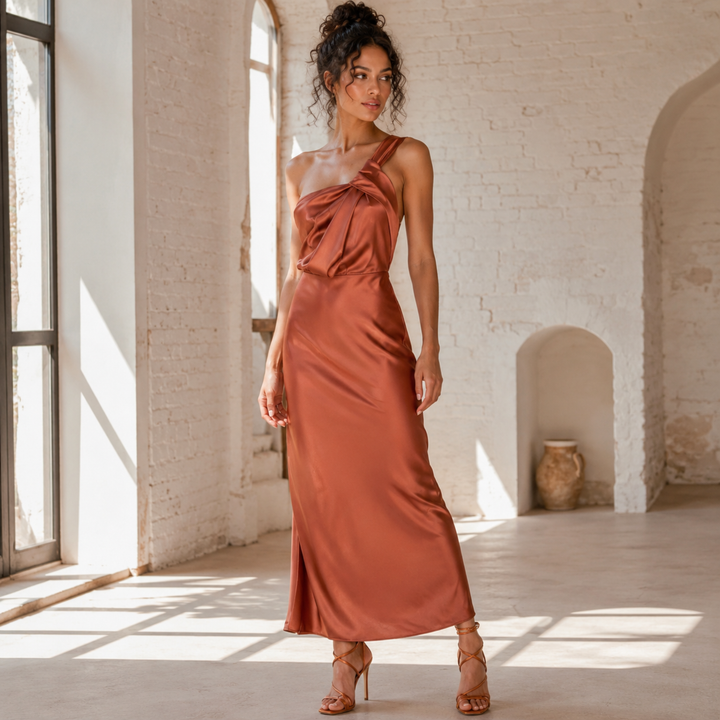 Copper Keepsake - One Shoulder Sleeveless Maxi Dress