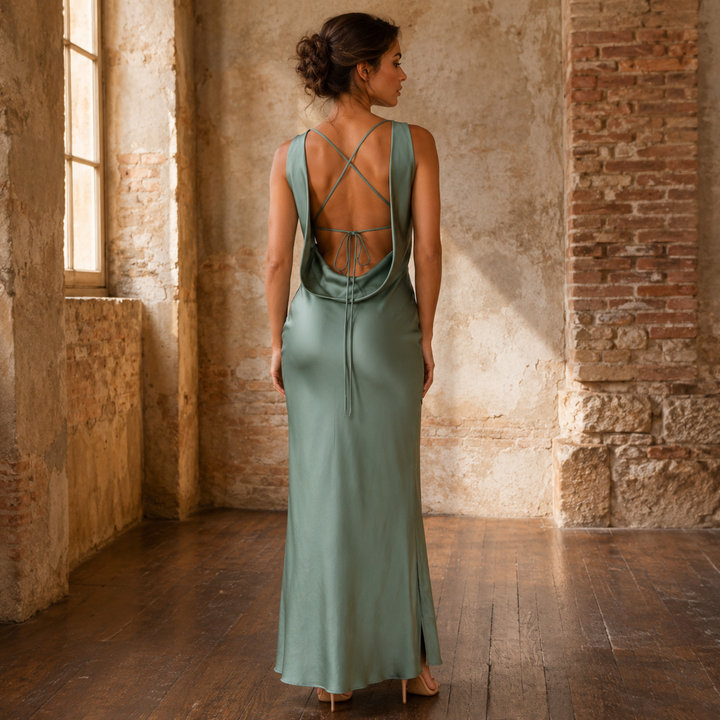 Sage Reverie Open-Back Satin Dress