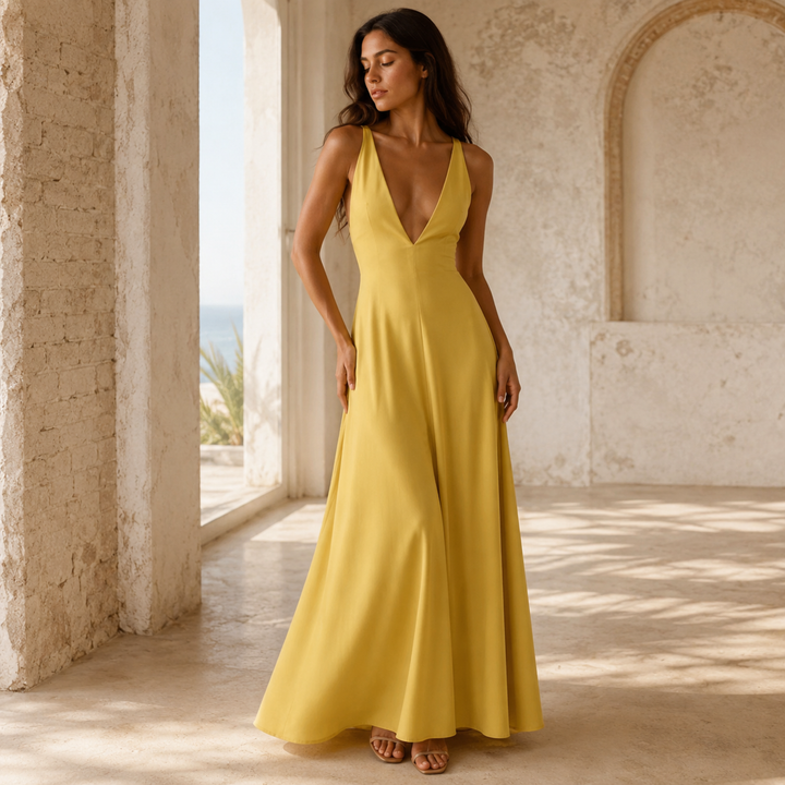 Gilded Soleil Crisscross Back Maxi Dress