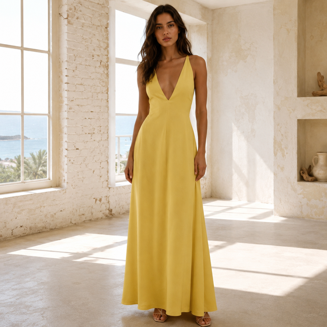 Gilded Soleil Crisscross Back Maxi Dress