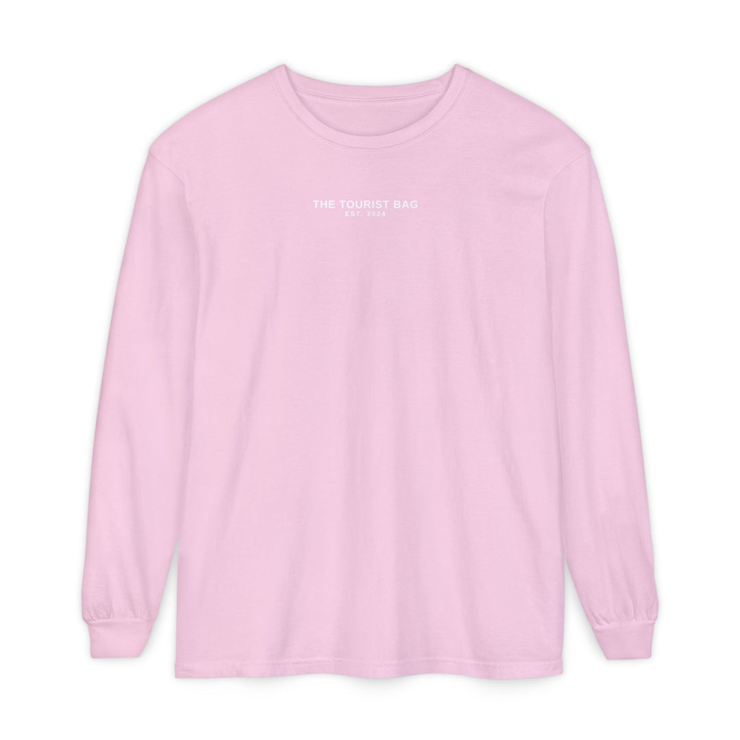 Blush Tides Flamingo Emblem, Unisex Garment-dyed Long Sleeve T-Shirt (Pink)