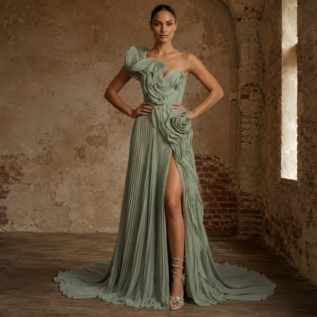 Sage Reverie Rosette Chiffon Evening Gown