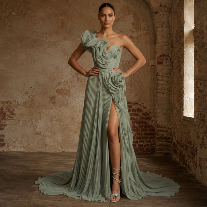 Sage Reverie Rosette Chiffon Evening Gown