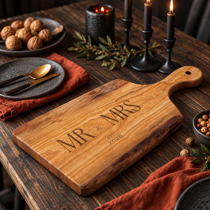 Mr. & Mrs. Est. 2026 Live-Edge Cherry Wood Serving Board