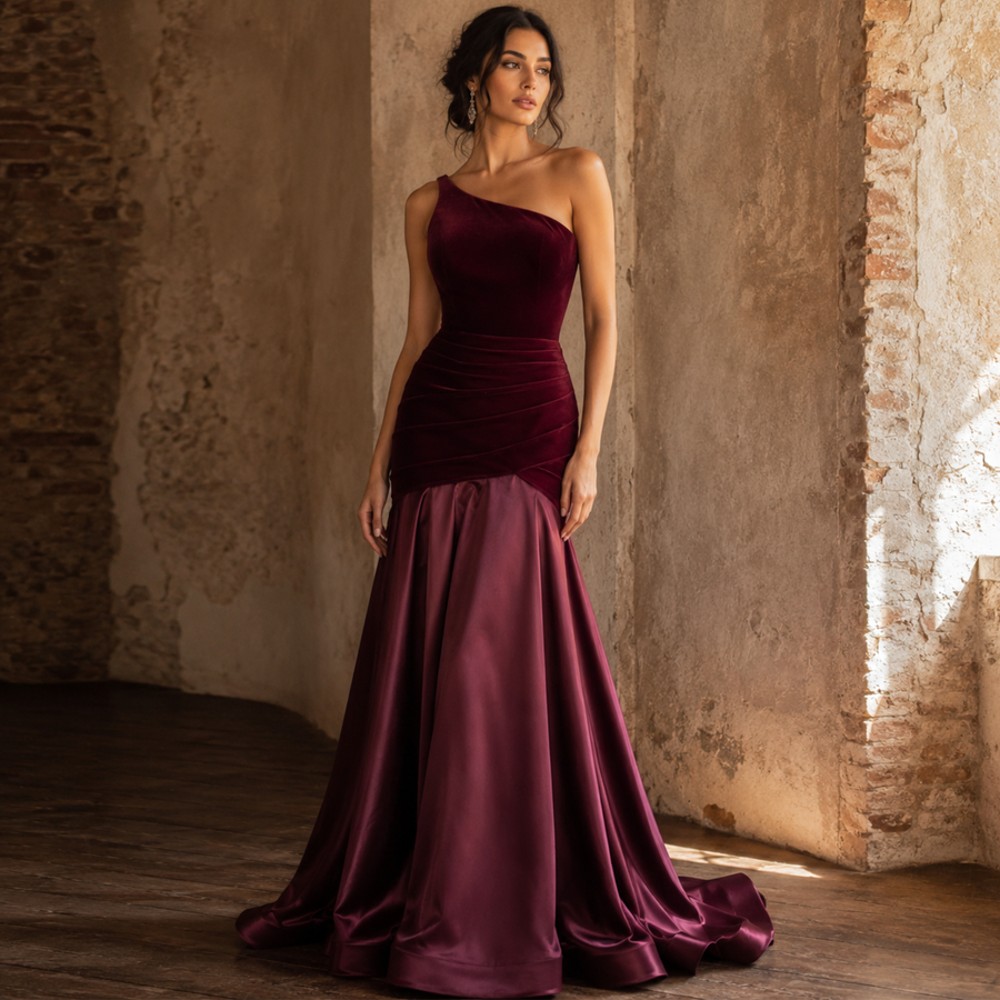 Crimson Promise One-Shoulder Velvet Satin Gown