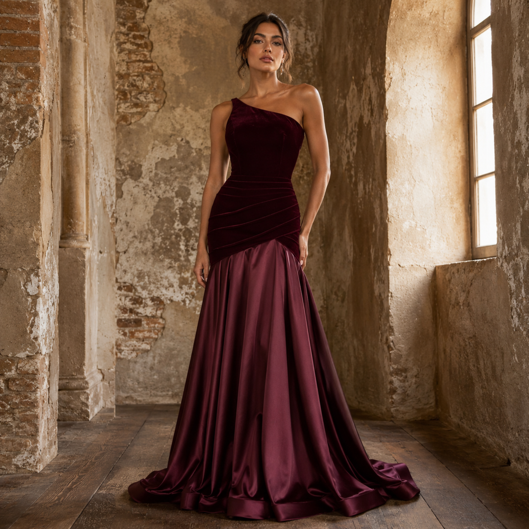 Crimson Promise One-Shoulder Velvet Satin Gown