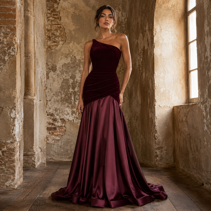 Crimson Promise One-Shoulder Velvet Satin Gown