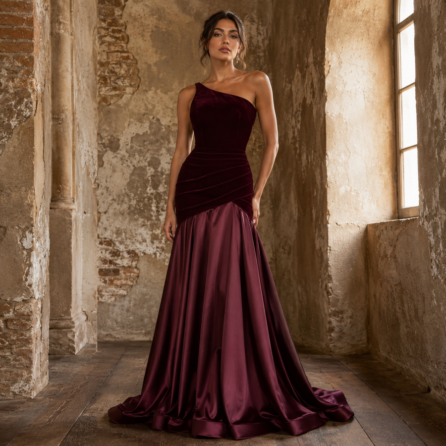Crimson Promise One-Shoulder Velvet Satin Gown
