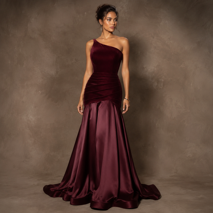 Crimson Promise One-Shoulder Velvet Satin Gown