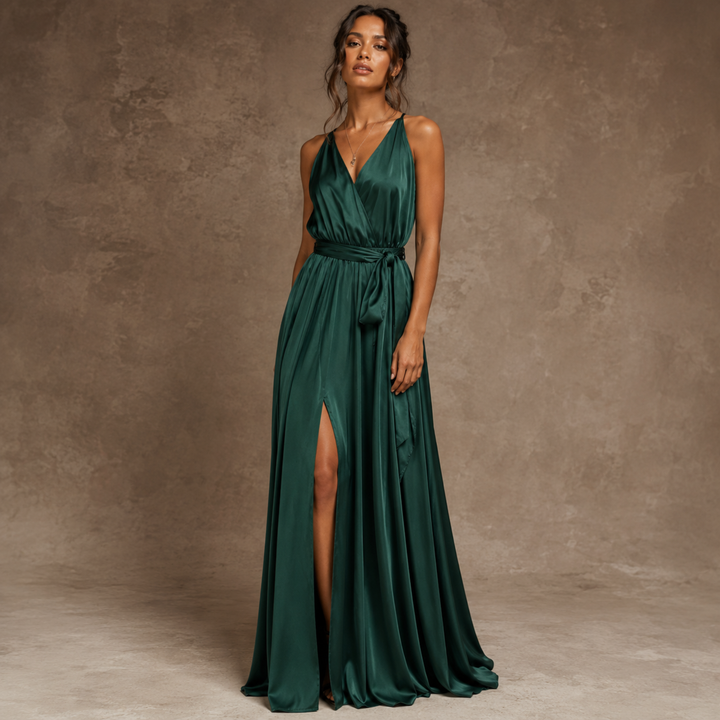 Emerald Embrace Maxi Dress  —  Satin Tie-Waist with Slit